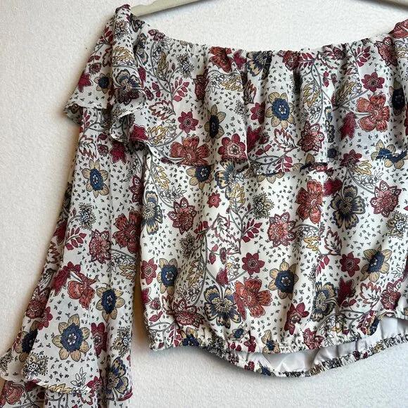 F21 Boho Crop Ruffle Blouse Off Shoulder Top Size Medium Floral Cottage Western - Picture 10 of 11